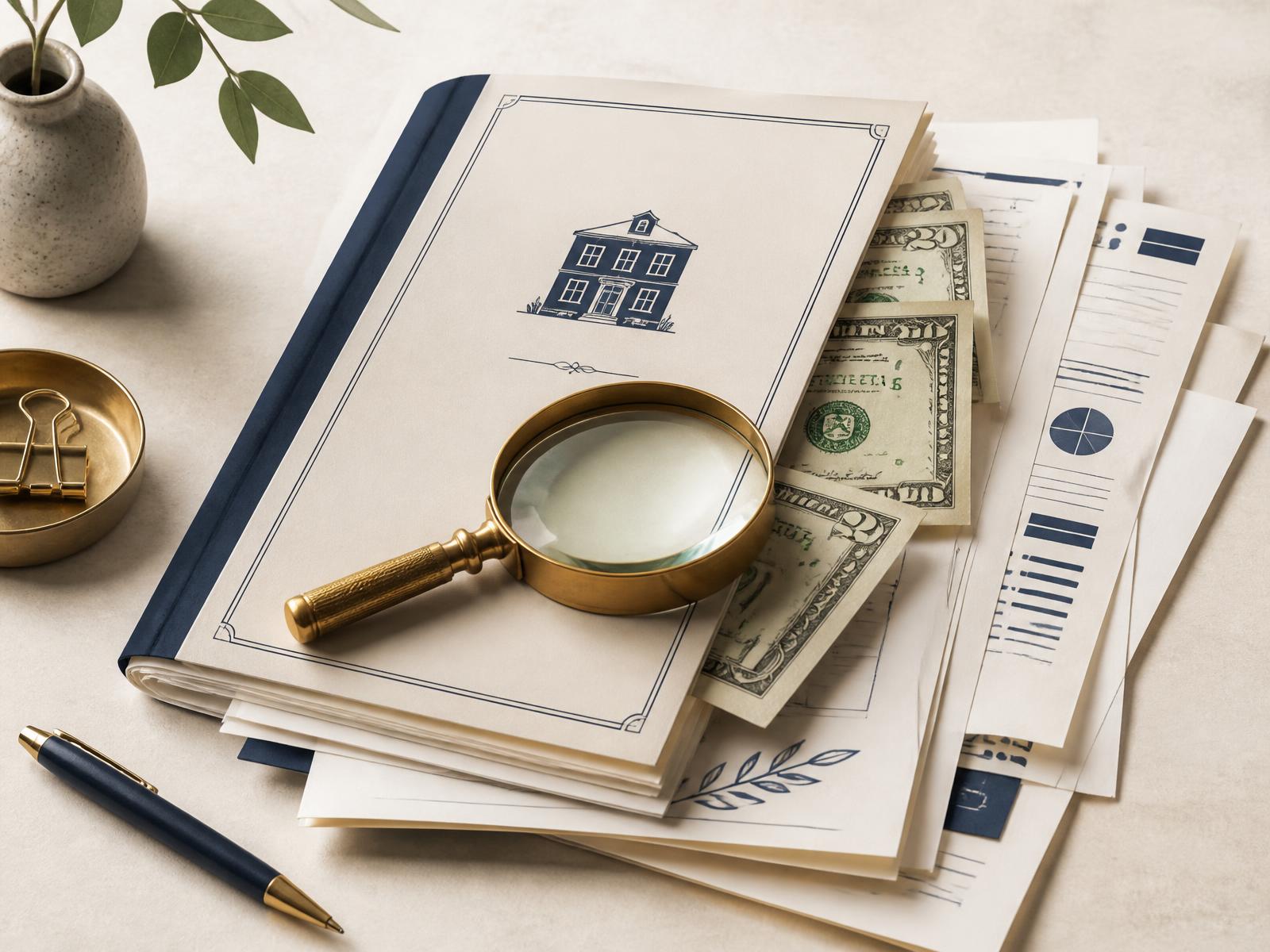 Household bills and receipts with cash tucked between the pages and a magnifying glass on top